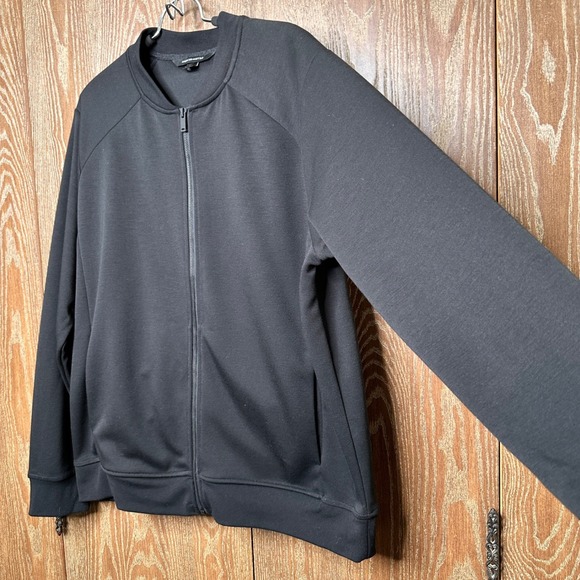 NWT MERCER + METTLE Black Double Knit Bomber Jacket Full Zip Rib Collar Cuffs Lg - Picture 3 of 9